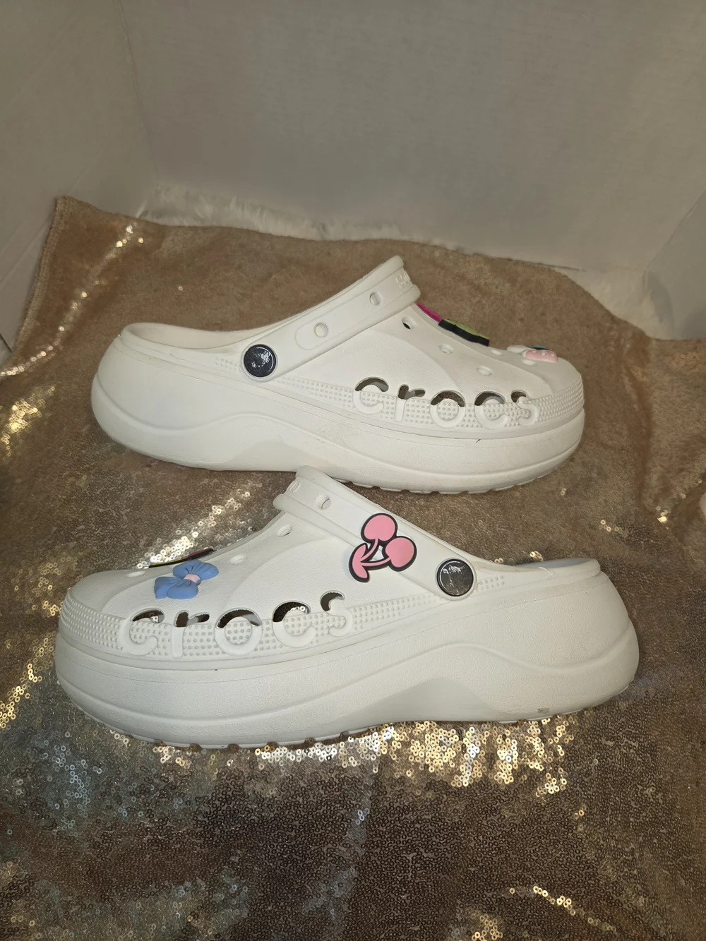 CROCS White Platform Sandals with Colorful Removable Charms
